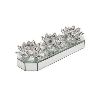 GLASS 13 3 LOTUS MIRRORED CANDLE HOLDER, SILVER