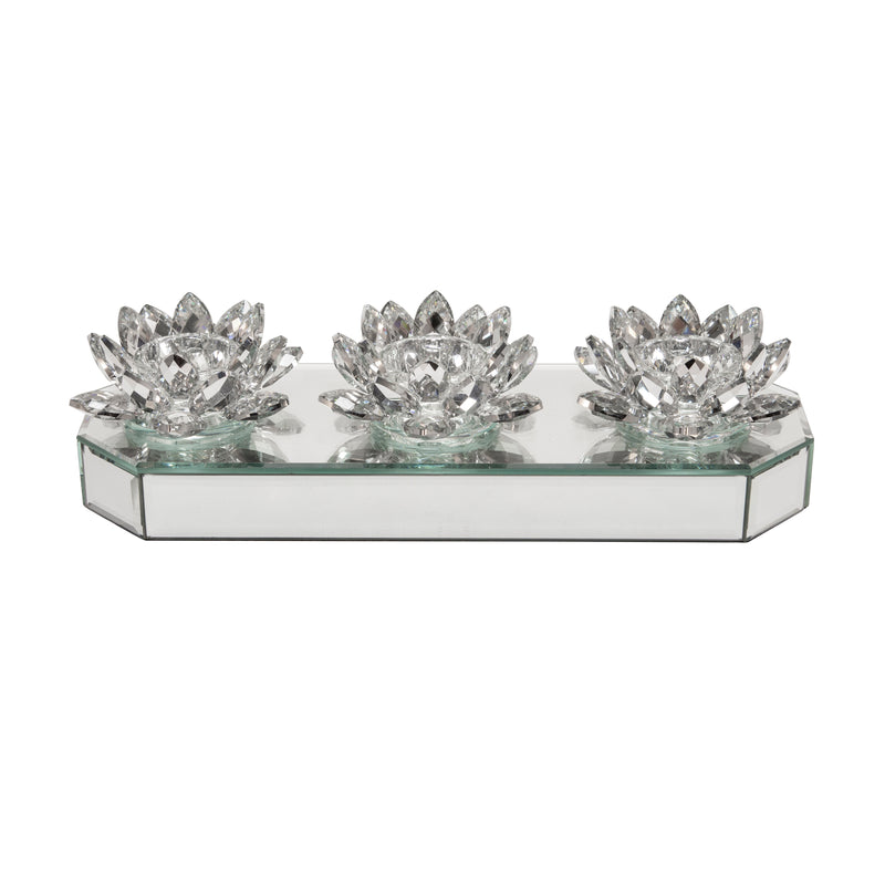 GLASS 13 3 LOTUS MIRRORED CANDLE HOLDER, SILVER