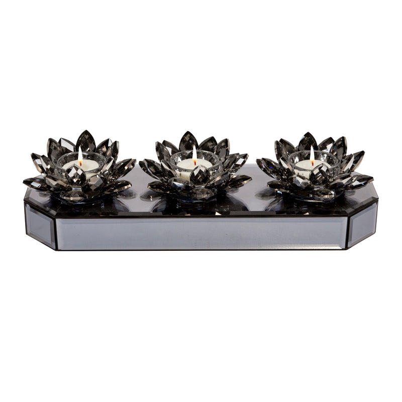 GLASS 13 3 LOTUS MIRRORED CANDLE HOLDER, BLACK