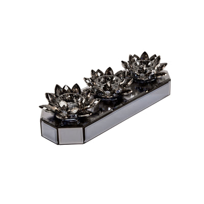 GLASS 13 3 LOTUS MIRRORED CANDLE HOLDER, BLACK