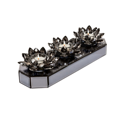 GLASS 13 3 LOTUS MIRRORED CANDLE HOLDER, BLACK