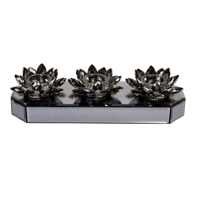 GLASS 13 3 LOTUS MIRRORED CANDLE HOLDER, BLACK