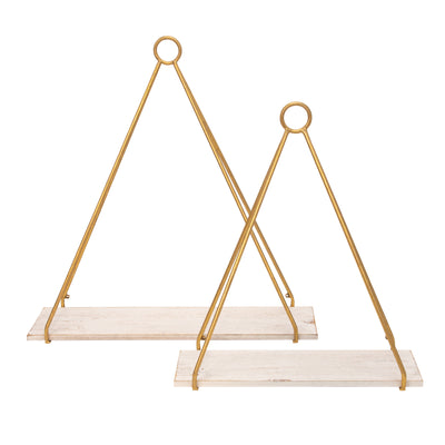 S/2 METAL/WOOD 20/24 TRIANGLE SHELF, WHITE/GOLD