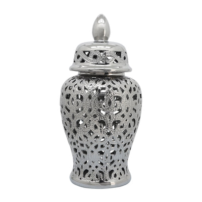 CERAMIC 24 CUT-OUT TEMPLE JAR, SHINY SILVER