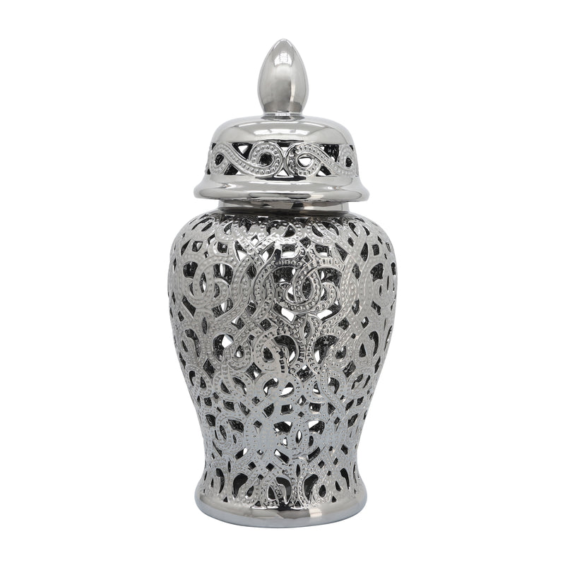 CERAMIC 24 CUT-OUT TEMPLE JAR, SHINY SILVER