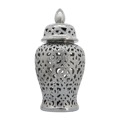 CERAMIC 24 CUT-OUT TEMPLE JAR, SHINY SILVER