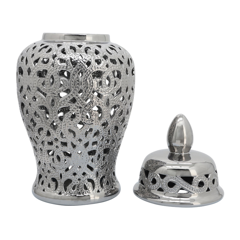 CERAMIC 24 CUT-OUT TEMPLE JAR, SHINY SILVER