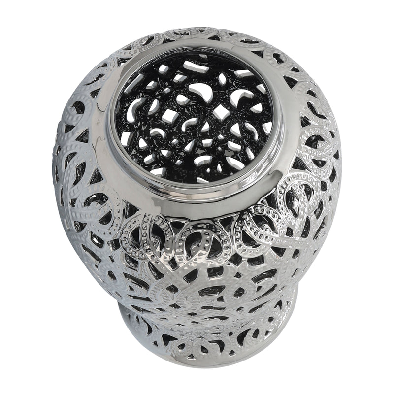 CERAMIC 24 CUT-OUT TEMPLE JAR, SHINY SILVER