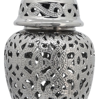 CERAMIC 24 CUT-OUT TEMPLE JAR, SHINY SILVER