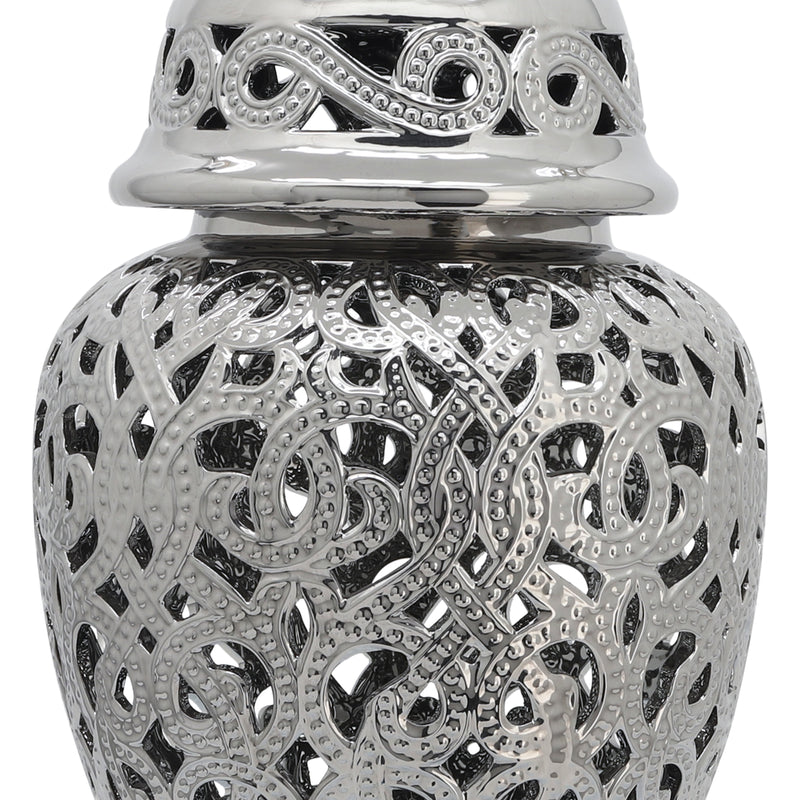 CERAMIC 24 CUT-OUT TEMPLE JAR, SHINY SILVER