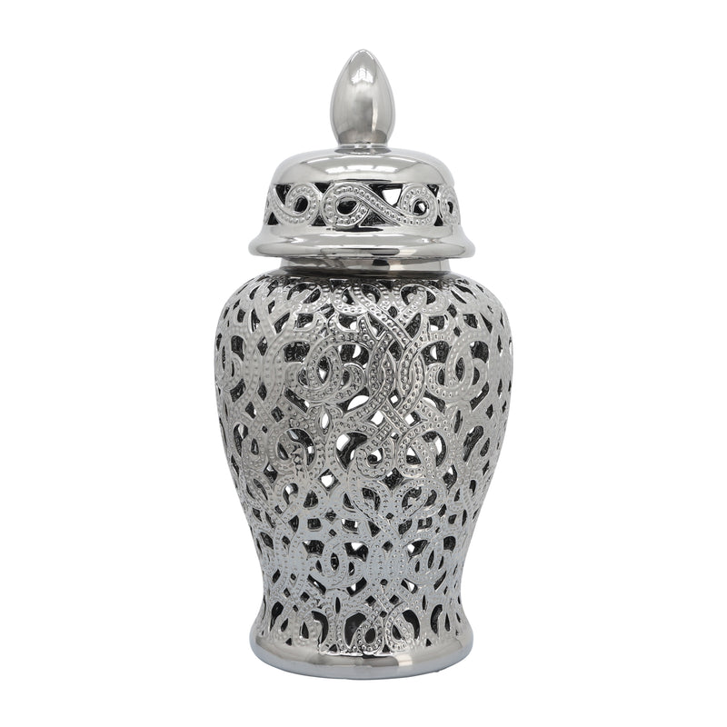 CERAMIC 24 CUT-OUT TEMPLE JAR, SHINY SILVER