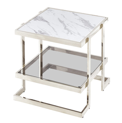 METAL/MARBLE GLASS, SIDE TABLE, SILVER/WHITE