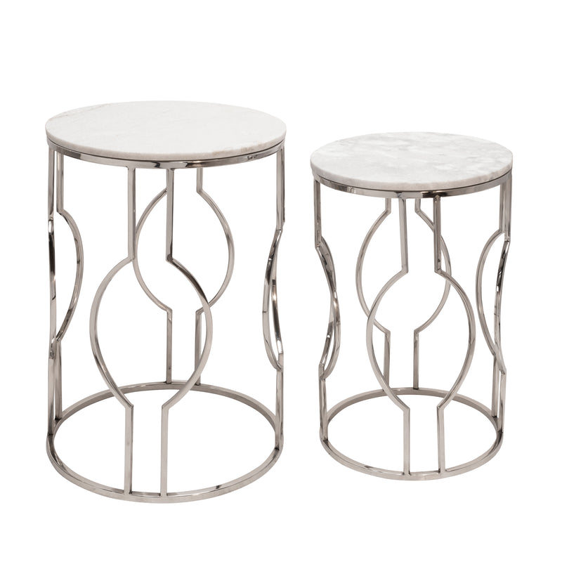 S/2 METAL/MARBLE ROUND TABLES, SILVER