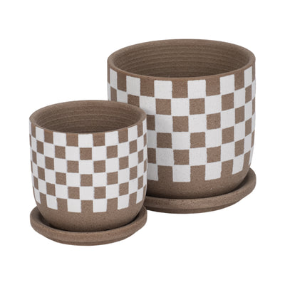 S/2 5/6 Checkerboard Saucer Planters, White/tan