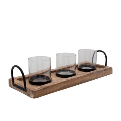 18 3-CANDLE HOLDERS ON A TRAY, BROWN