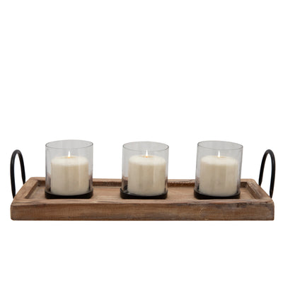 18 3-CANDLE HOLDERS ON A TRAY, BROWN