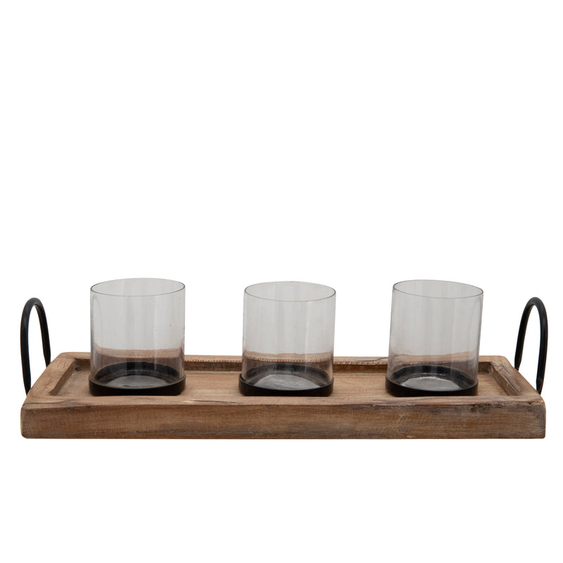 18 3-CANDLE HOLDERS ON A TRAY, BROWN