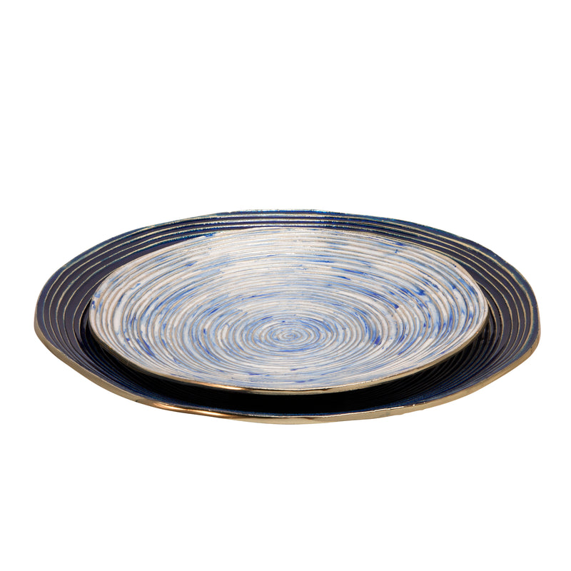 S/2 DECORATIVE METAL SWIRL TRAY, BLUE/MULTI