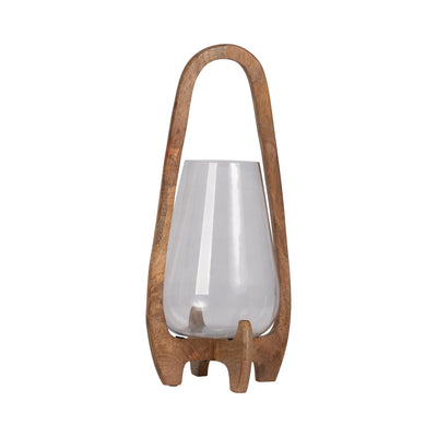 18H GLASS LANTERN W/ WOOD HANDLE, NATURAL