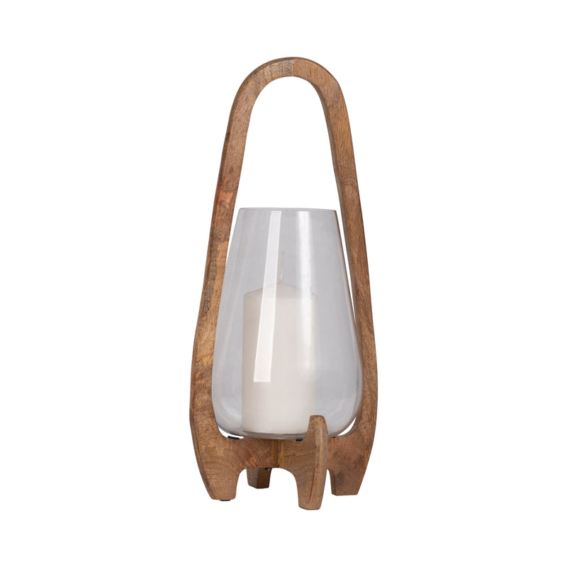 18H GLASS LANTERN W/ WOOD HANDLE, NATURAL