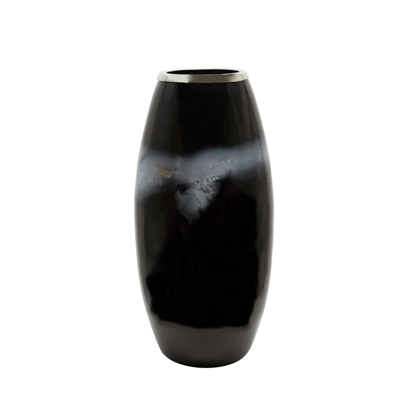 18H GLASS VASE W/ METAL RING, BLACK