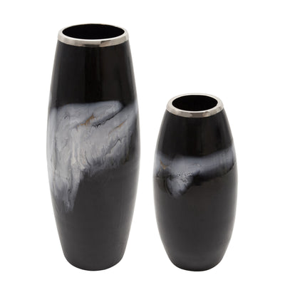 18H GLASS VASE W/ METAL RING, BLACK