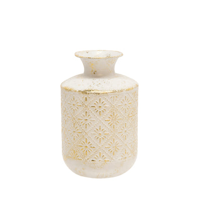 METAL  10 DECO TRIBAL JAR, ANTIQUE WHITE