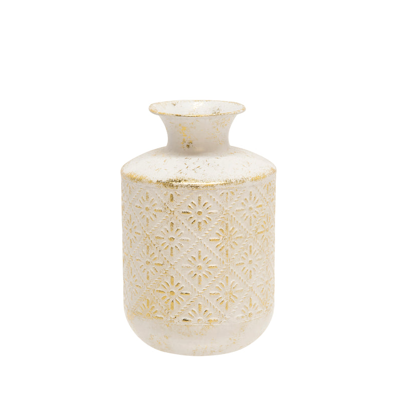 METAL  10 DECO TRIBAL JAR, ANTIQUE WHITE