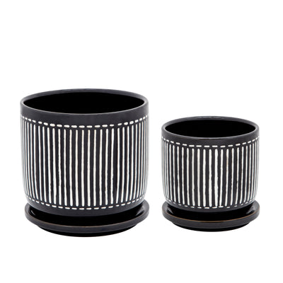 6 VERTICAL LINES PLANTER W/ SAUCER, BLACK