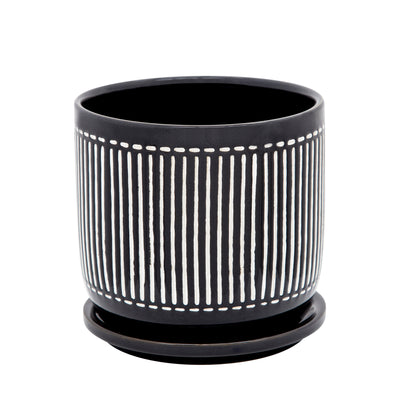 6 VERTICAL LINES PLANTER W/ SAUCER, BLACK