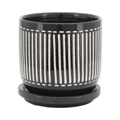 S/2 5/6 VERTICAL LINES PLANTER W/ SAUCER, BLACK