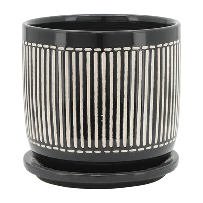 S/2 5/6 VERTICAL LINES PLANTER W/ SAUCER, BLACK