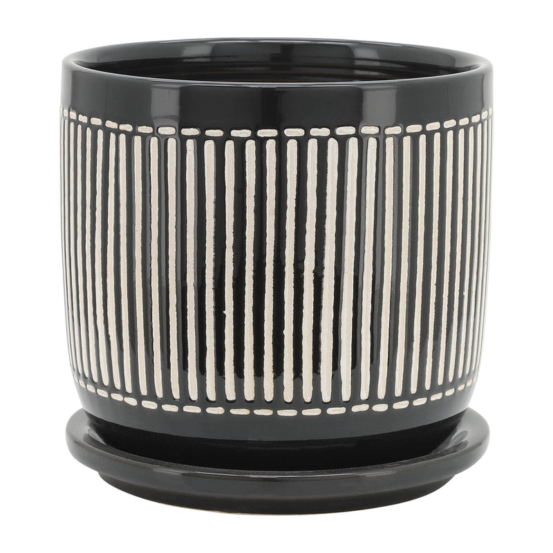 S/2 5/6 VERTICAL LINES PLANTER W/ SAUCER, BLACK