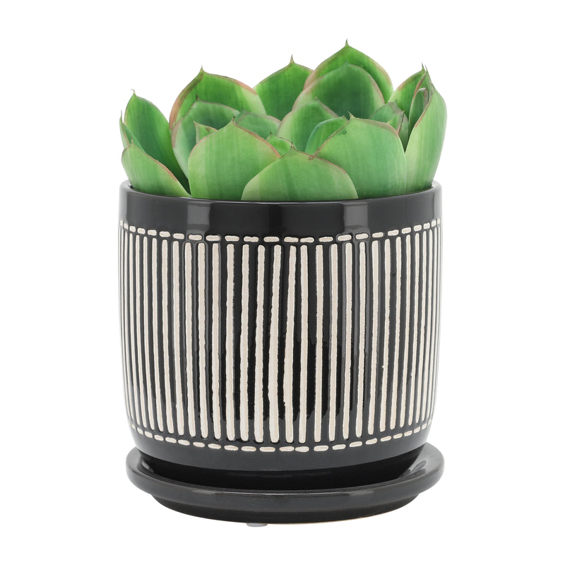 S/2 5/6 VERTICAL LINES PLANTER W/ SAUCER, BLACK