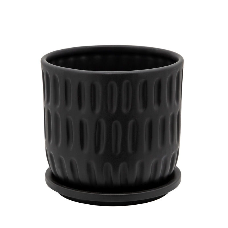 6 TEXTURED PLANTER W/ SAUCER, MATTE BLACK