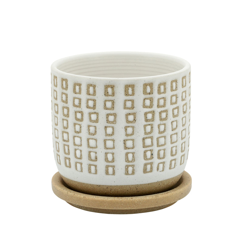 5 TINY SQUARES PLANTER W/ SAUCER, BEIGE