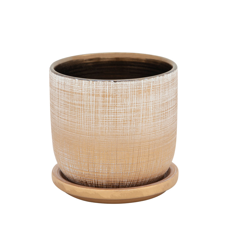 5 TEXTURED PLANTER WITH SAUCER, GOLD