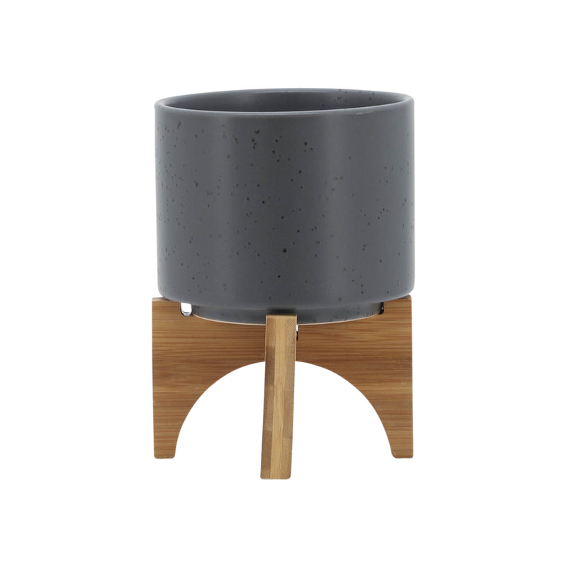 5 PLANTER W/ WOOD STAND, MATTE GRAY