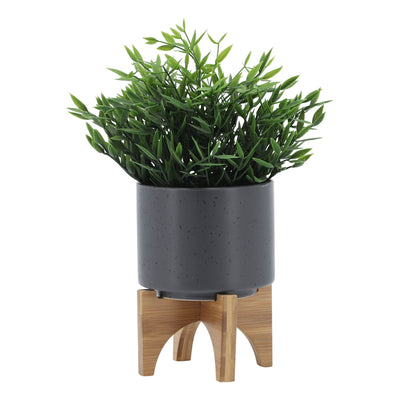 5 PLANTER W/ WOOD STAND, MATTE GRAY