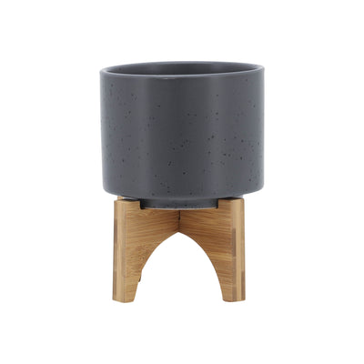 5 PLANTER W/ WOOD STAND, MATTE GRAY