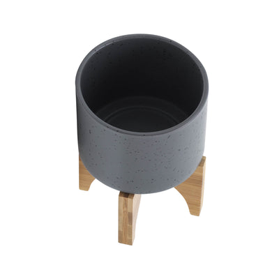 5 PLANTER W/ WOOD STAND, MATTE GRAY