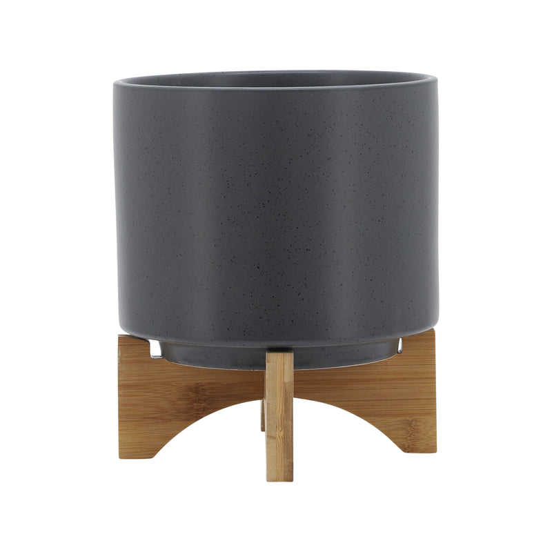 8 PLANTER W/ WOOD STAND, MATTE GRAY