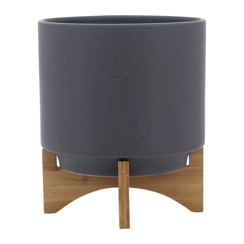 10 PLANTER W/ WOOD STAND, MATTE GRAY