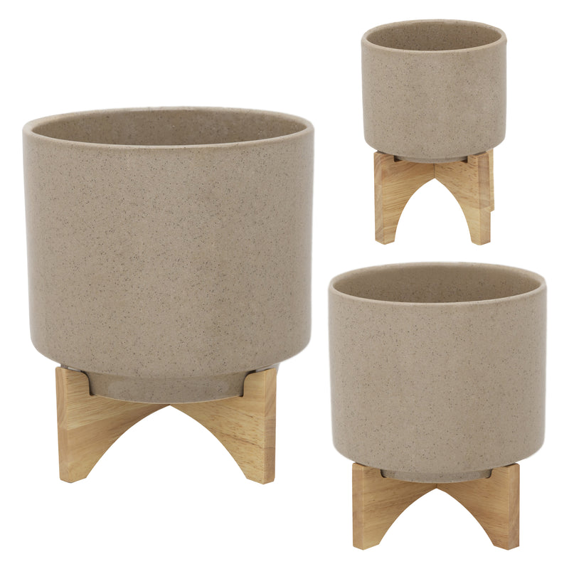 5 PLANTER W/ WOOD STAND, BEIGE