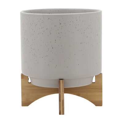 10 PLANTER W/ WOOD STAND, MATTE BEIGE