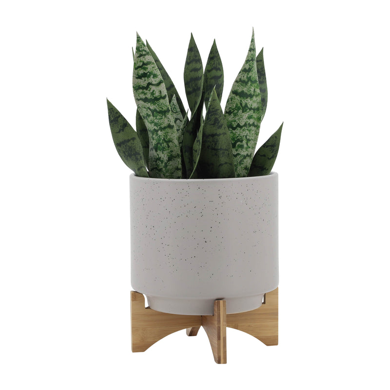 10 PLANTER W/ WOOD STAND, MATTE BEIGE