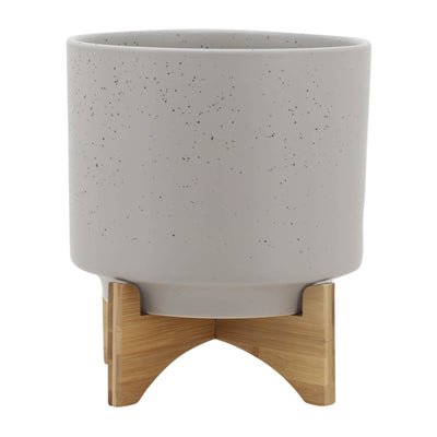 10 PLANTER W/ WOOD STAND, MATTE BEIGE