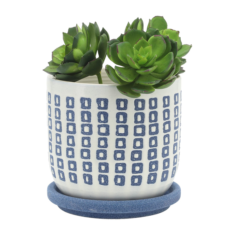 5 TINY SQUARES PLANTER W/ SAUCER, BLUE