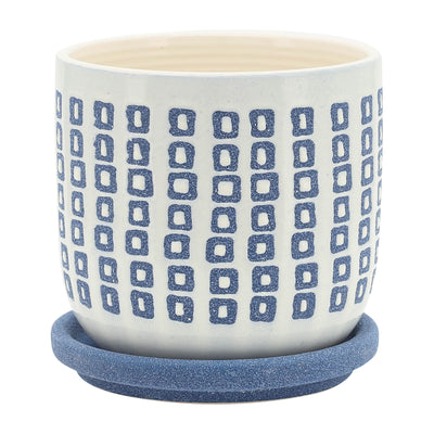 5 TINY SQUARES PLANTER W/ SAUCER, BLUE