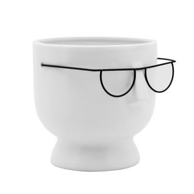 6H FACE W/GLASSES PLANTER, WHITE